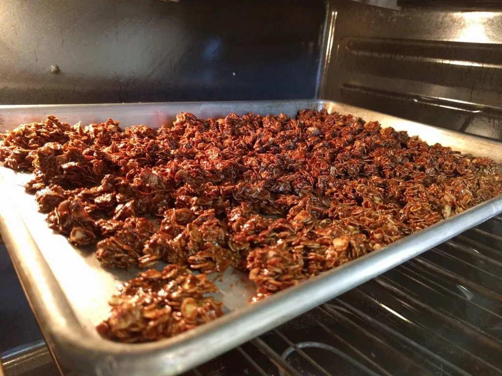 peanut butter chocolate granola in oven